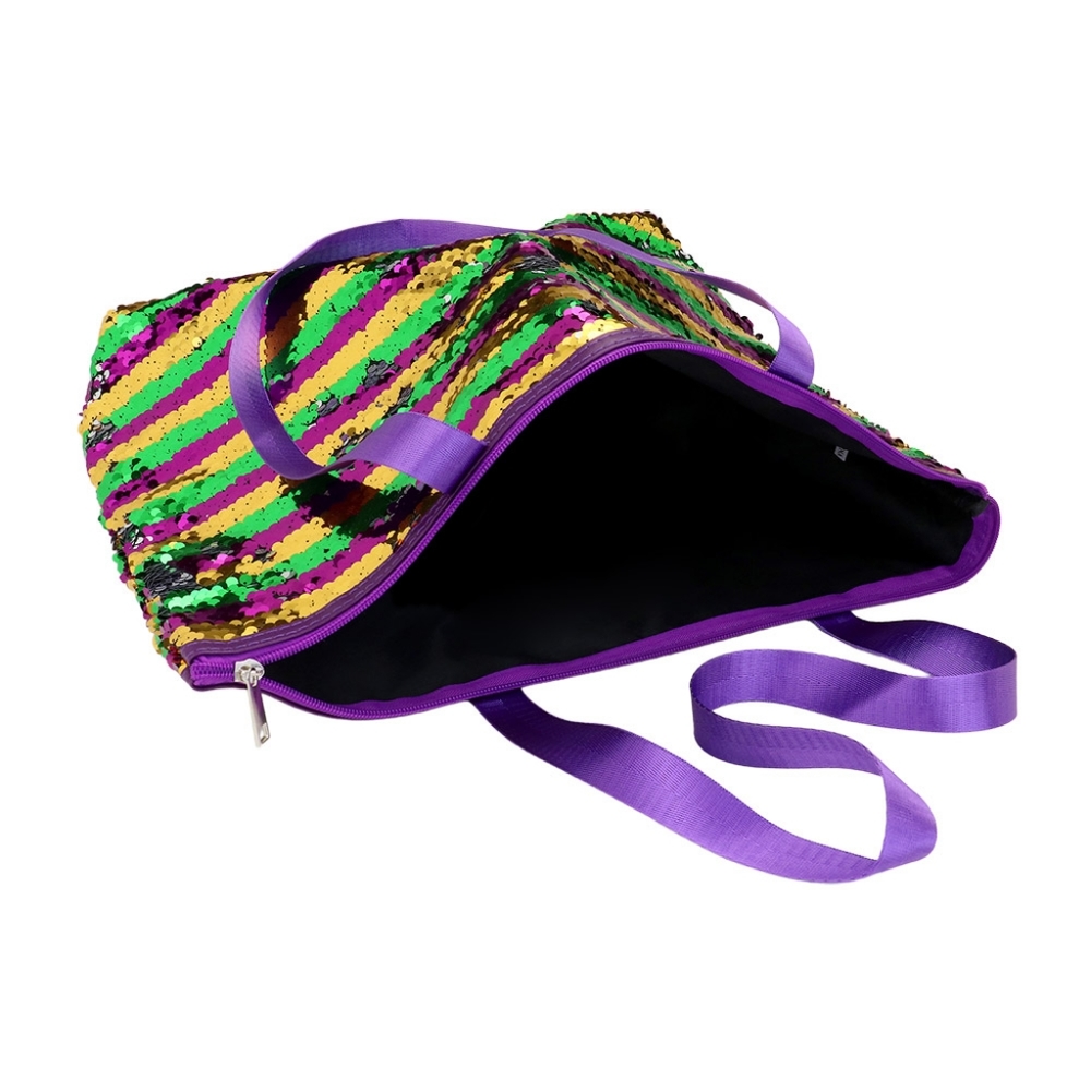Green Purple Gold Sequin Stripe Mardi Gras Tote Purse Shoulder Bag - Picture 2 of 6